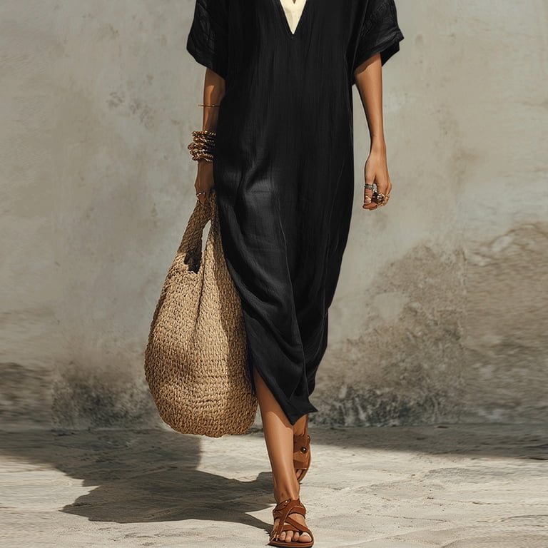 flowy dresses cotton Neewe Womens Cotton Linen Maxi Dress V Neck Short Sleeve Split Trim Casual  Summer Daily Flowy Dresses