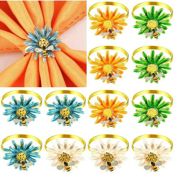 Metal Flower Napkin Rings(6PCS) Cute Bee Napkin Buckles Holder for Wedding,Parties, Dinners, Christmas, Holidays Decor