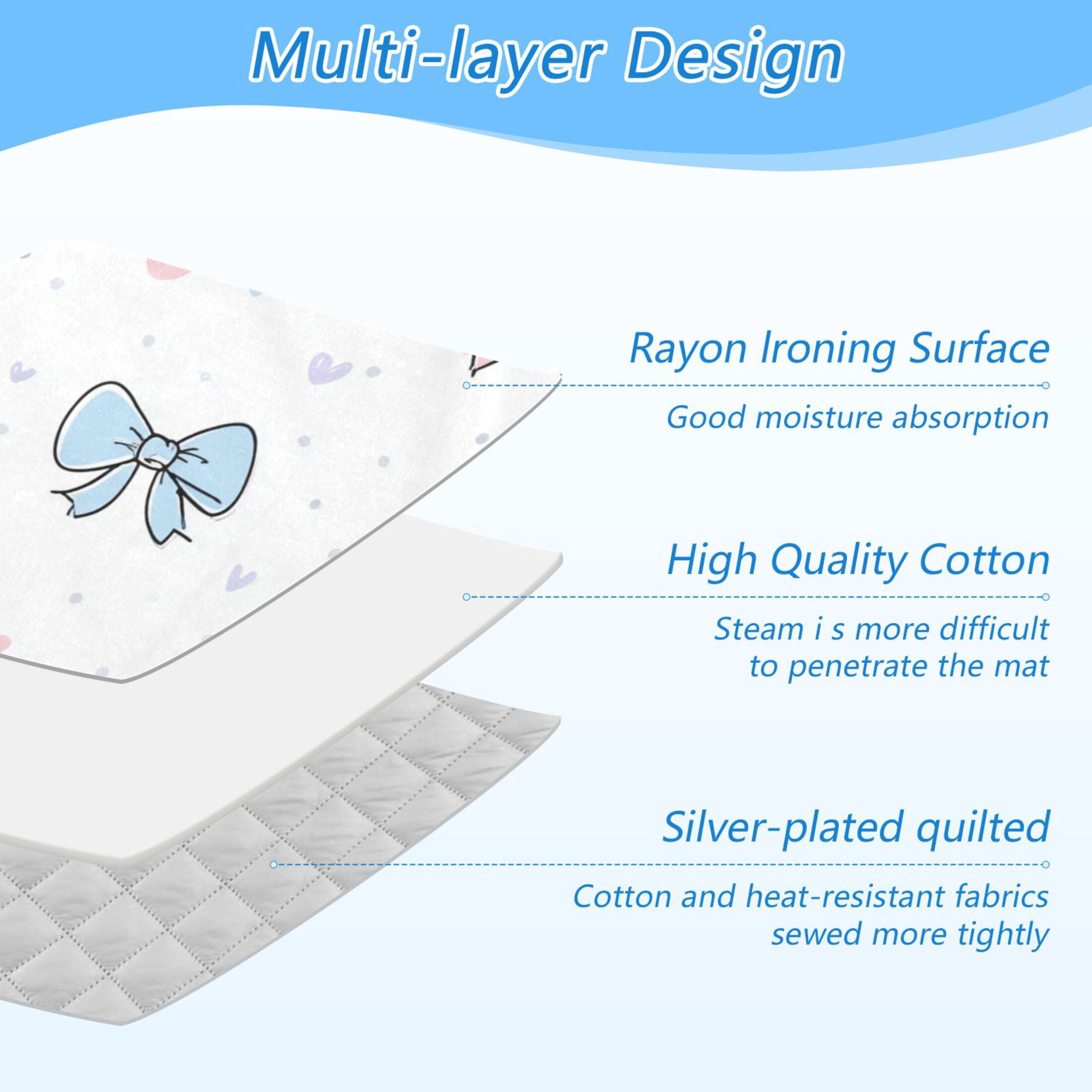 Blue Pink Bowknots Hearts Valentine Ironing Mat Blanket Portable Travel Ironing Pad Heat Resistant Pad 47.2" x 27.6”