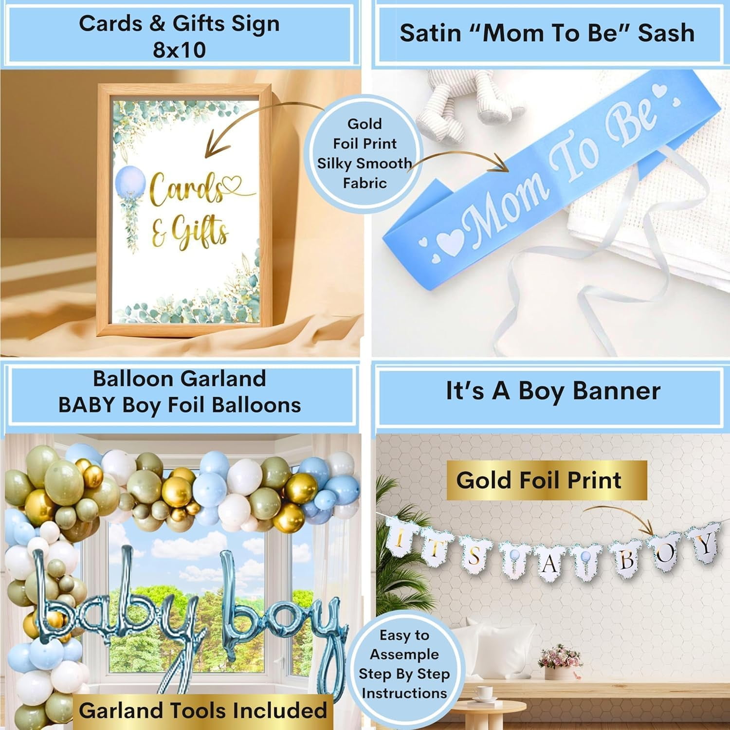 MEGA 254 Pc Dusty Blue And Sage Green Baby Shower Decorations Boy | Gender Neutral Balloons Garland Kit | BABY boxes | Banners, Cake Topper, Tablecloth, Plates, Napkins, Straws, Cups,