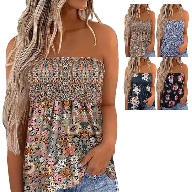 Tops de Tubo Fruncidos para Mujer sin Tirantes Bandeau Plisado Estampado Ajustado para Verano ANGGREK Otros