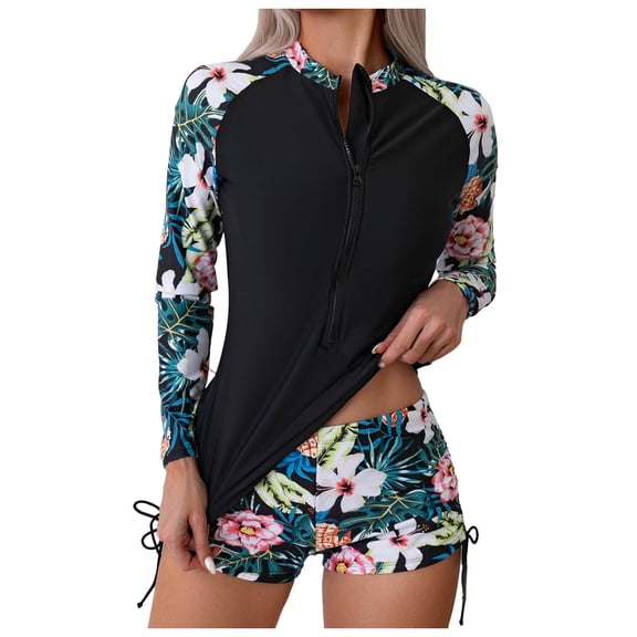 vigerkar Women Two Piece Rash Guard Long Sleeve Zip Front Swimsuit UPF 50 Swimwear Surf Suit (Black, M)