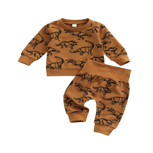 Autumn Causal Infant Boy Clothes 2pcs Cartoon Dinosaur Printed Long Sleeve Sweatshirt Pants Set Yellow 18-24 Months