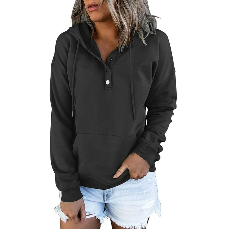 DORKASM White Hoodies for Women V Neck Hoody Button Half Zip Pullover Short Sleeve Zipper Long Sleeve Solid Color with Kangaroo Pocket Aztec Cardigan Sweater Y2k Clothing Black S Walmart