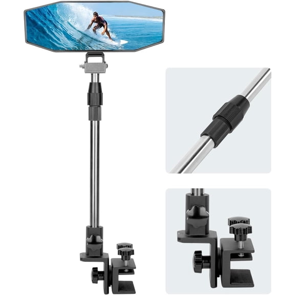 KEMIMOTO Boat Rear View Mirror with Telescoping Pole, 10.5“ x 4” 360° Adjustable Marine Mirror for Pontoon, Ski Boats Water Skiing