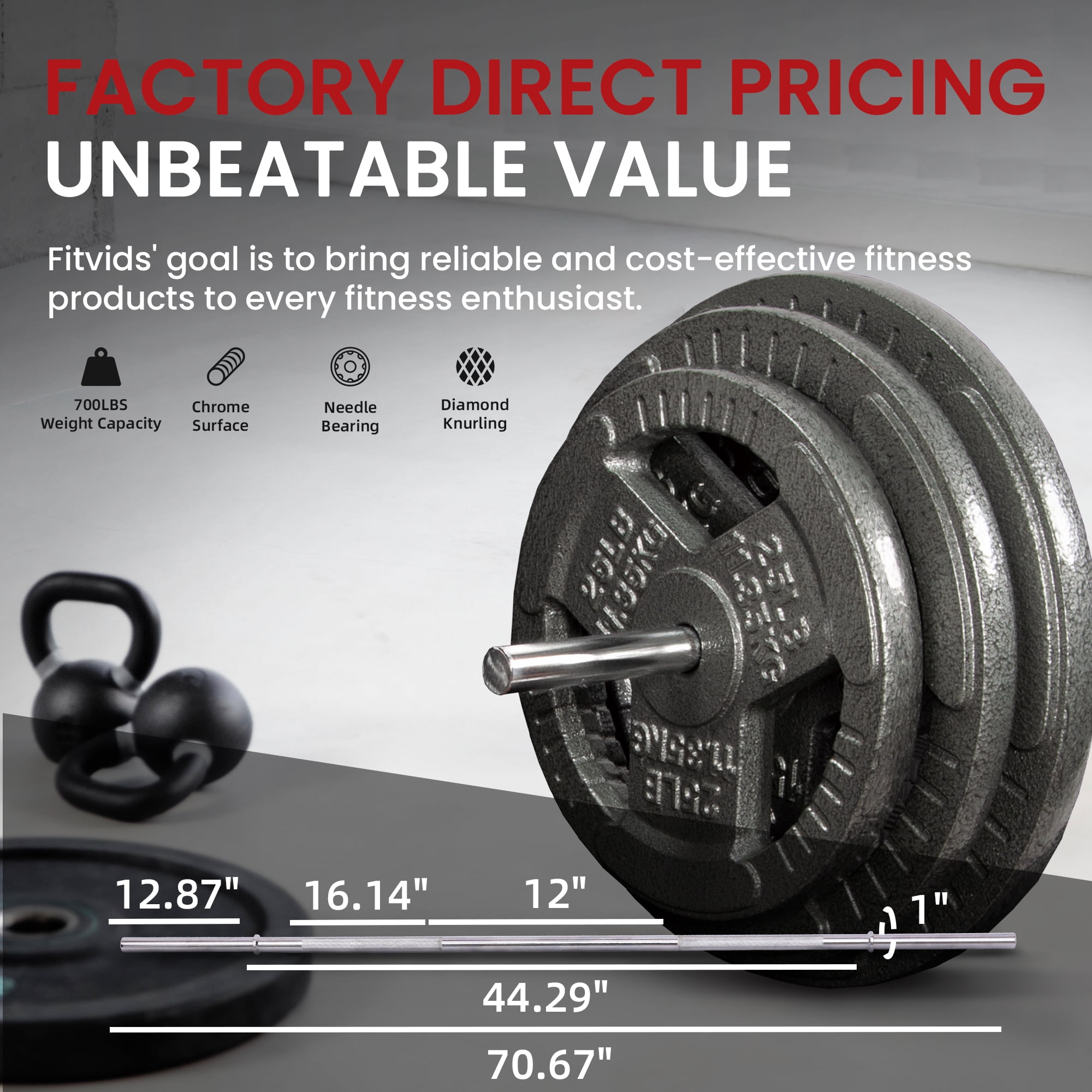 FlexWave Cast Iron Barbell Set, 50-170 LBS Weight Plates with 6FT or 7FT Barbell, 1-Inch & 2-Inch Options, Multiple Package