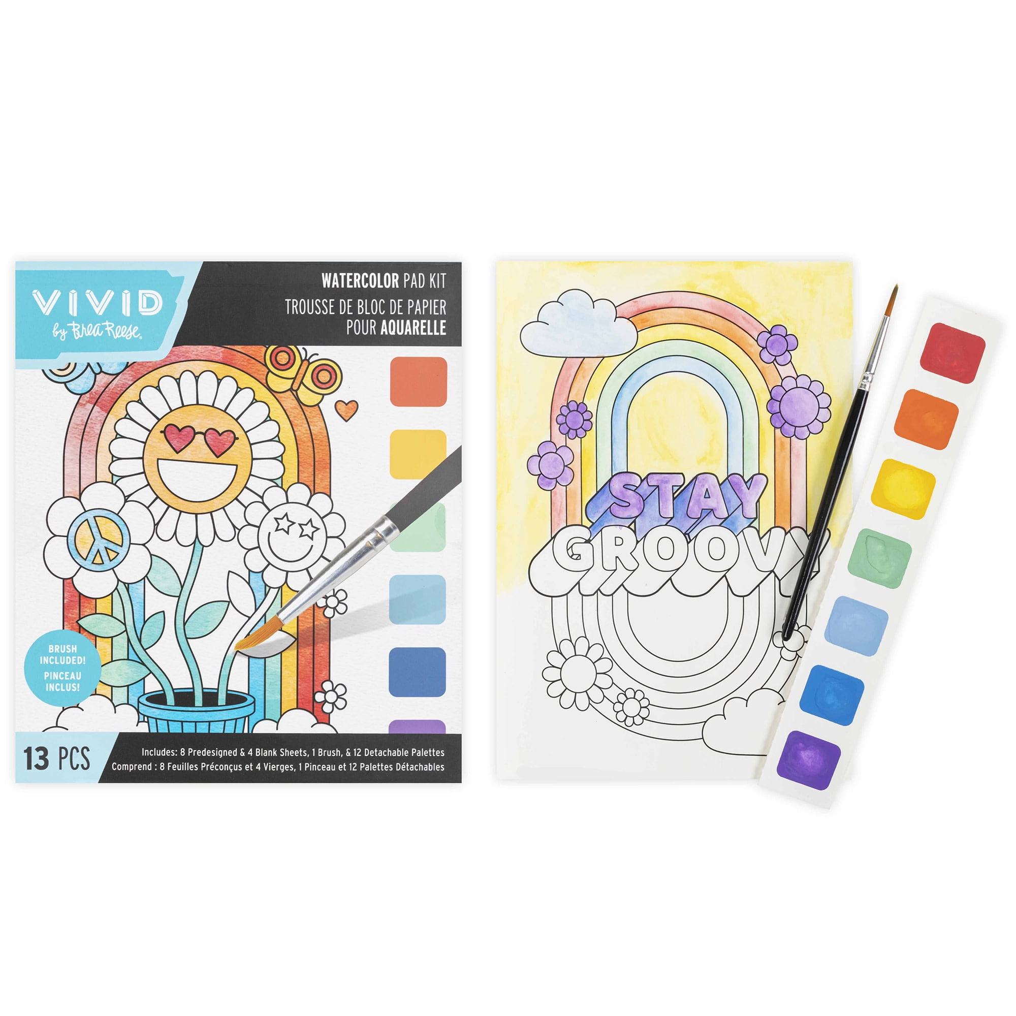 Vivid by Brea Reese: Watercolor Pad Kit - Rainbow - 8 Retro Groovy Themed Designs & 4 Blank Sheets, 12 Detachable Paint Palettes, Brush, Art Activity
