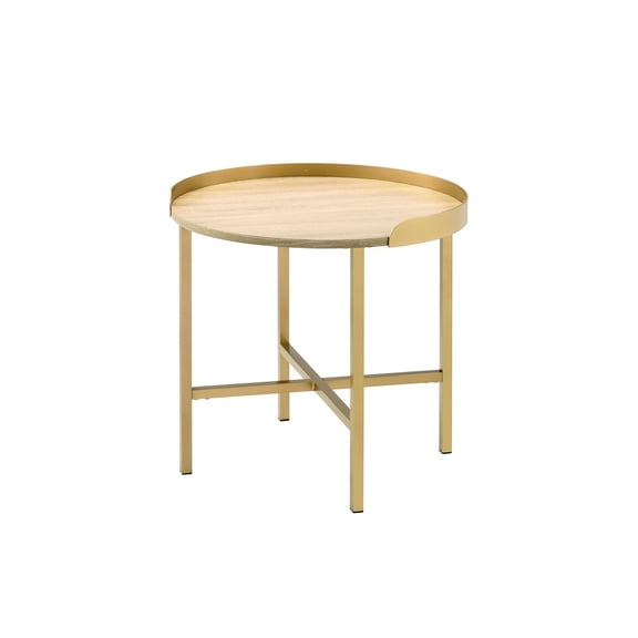 Round End Table In Oak And Gold Hue - Beautifies Home Interior Tray Top Tones Adds Warmth To