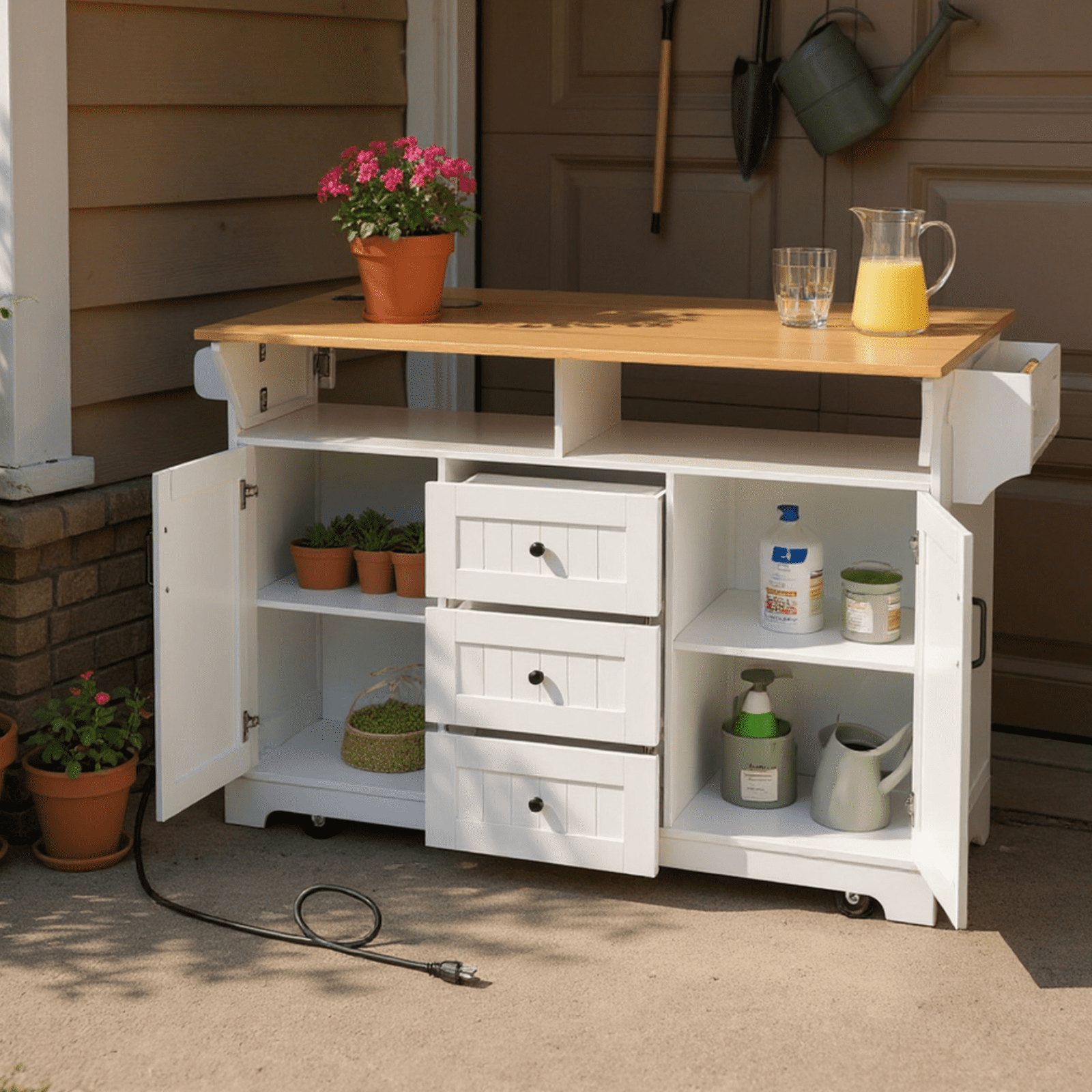 Homy Casa Rolling Large Garage Storage Cabinet with Dual Drop Leaves, Power Outlets for Office Gym, School
