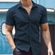 thumbnail image 1 of Camisa Elvqul de Hombre Manga Corta Liso Azul Marino Playa Cuello V, 1 of 6