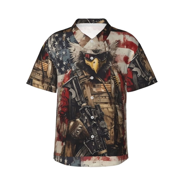 Balery Bald Eagle Soldier Camisas hawaianas de manga corta para hombre, camisas playeras de corte holgado, camisas de vacaciones con botones,Medium