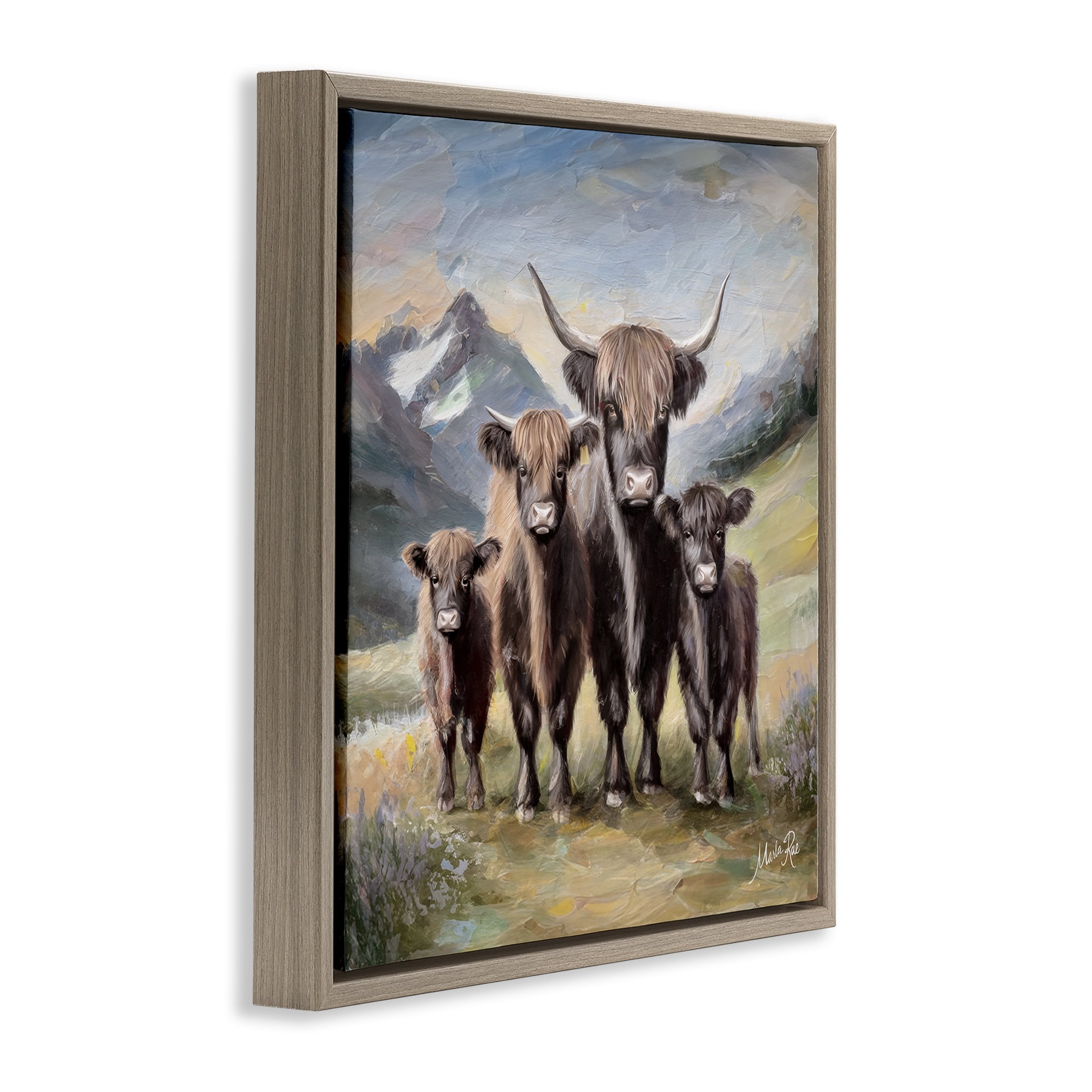 Stupell Industries Cattle Family in Highlands Animals Painting Brown Floater Framed Canvas Art Print Wall Art, 18 x 18