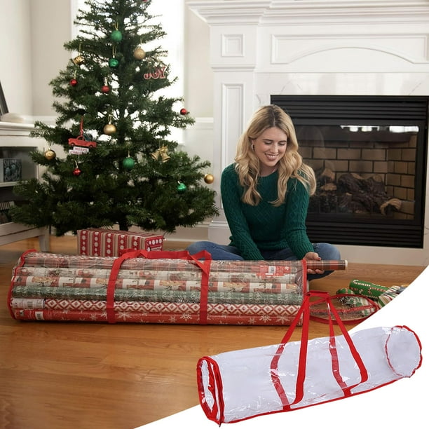 Transparent Red Cylinder Storage Bag | Large PVC Christmas Tree Decor Organizer | Multicolor Gift Paper Holder | Durable Tear Resistant | 104x29cm | 1 Pack