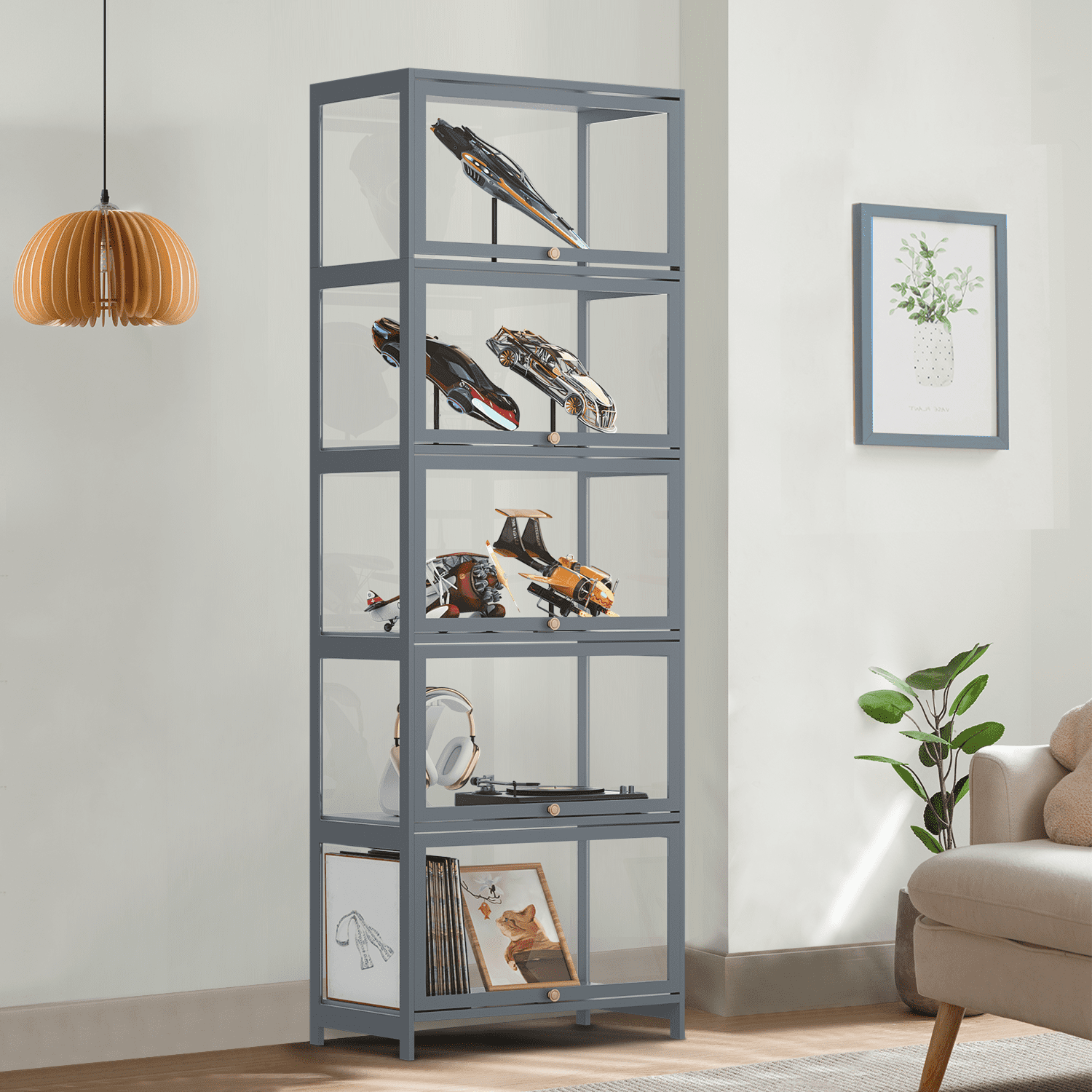 Magshion Modern 67.5" 5-Tier Shelf Display Cabinet with Acrylic Flip-Up Door and Metal Handle, Curio Cabinet Collection Display Case, Floor Standing Showcase Organizer for Home Office