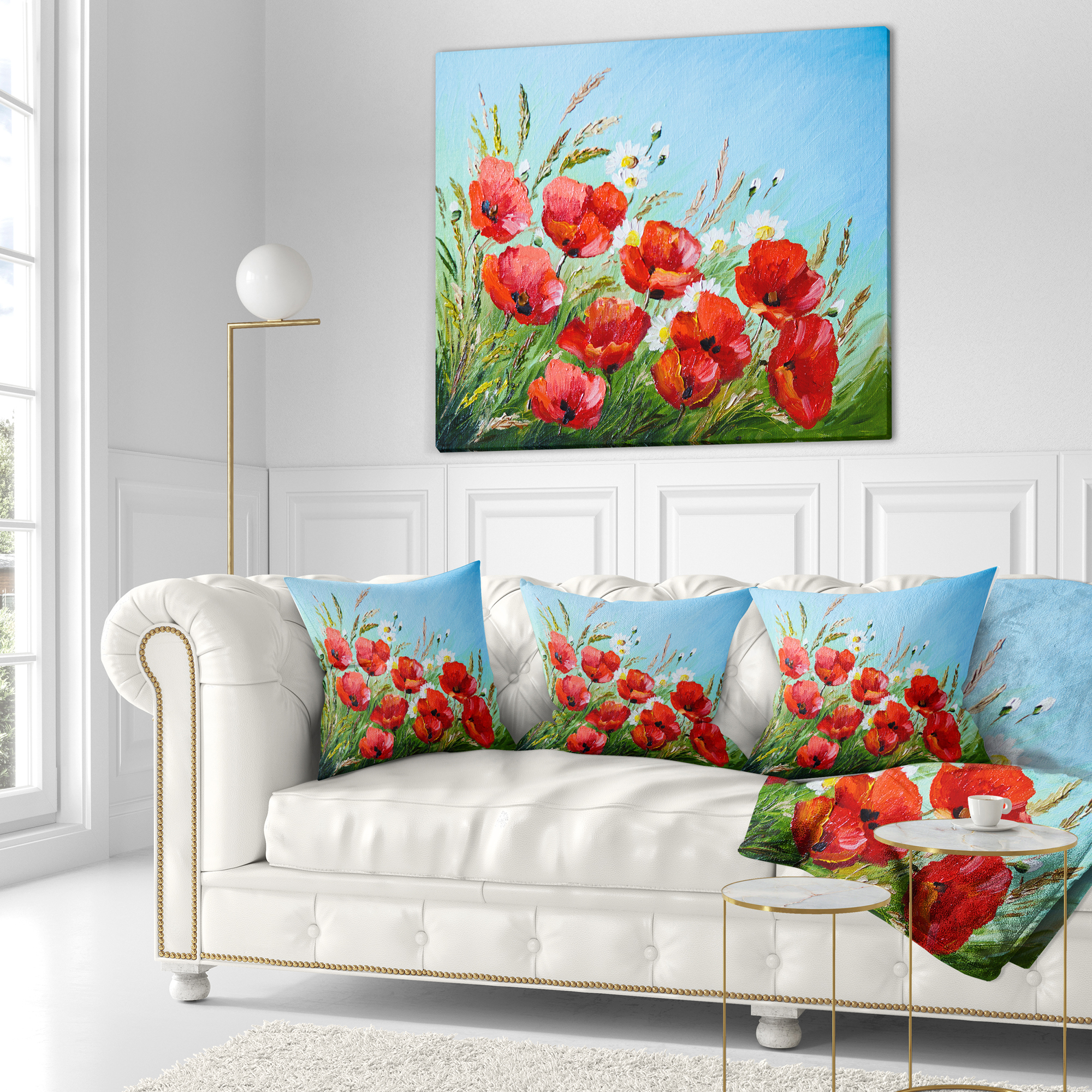 Designart Poppies in Field against Blue Sky - Floral Throw Pillow - 18x18