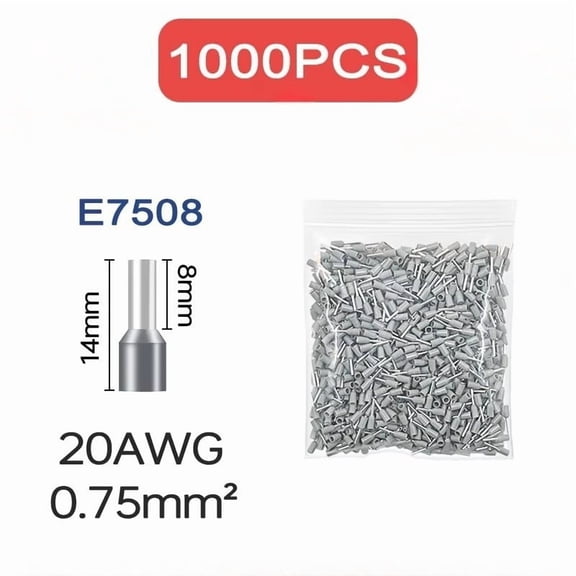 1000PCS Tubular Crimp Terminals Electrical Wire Cable Ferrules Connectors E0508 E7508 E1008 E1508 E2508 E4009 E6012 Ring Sleeve