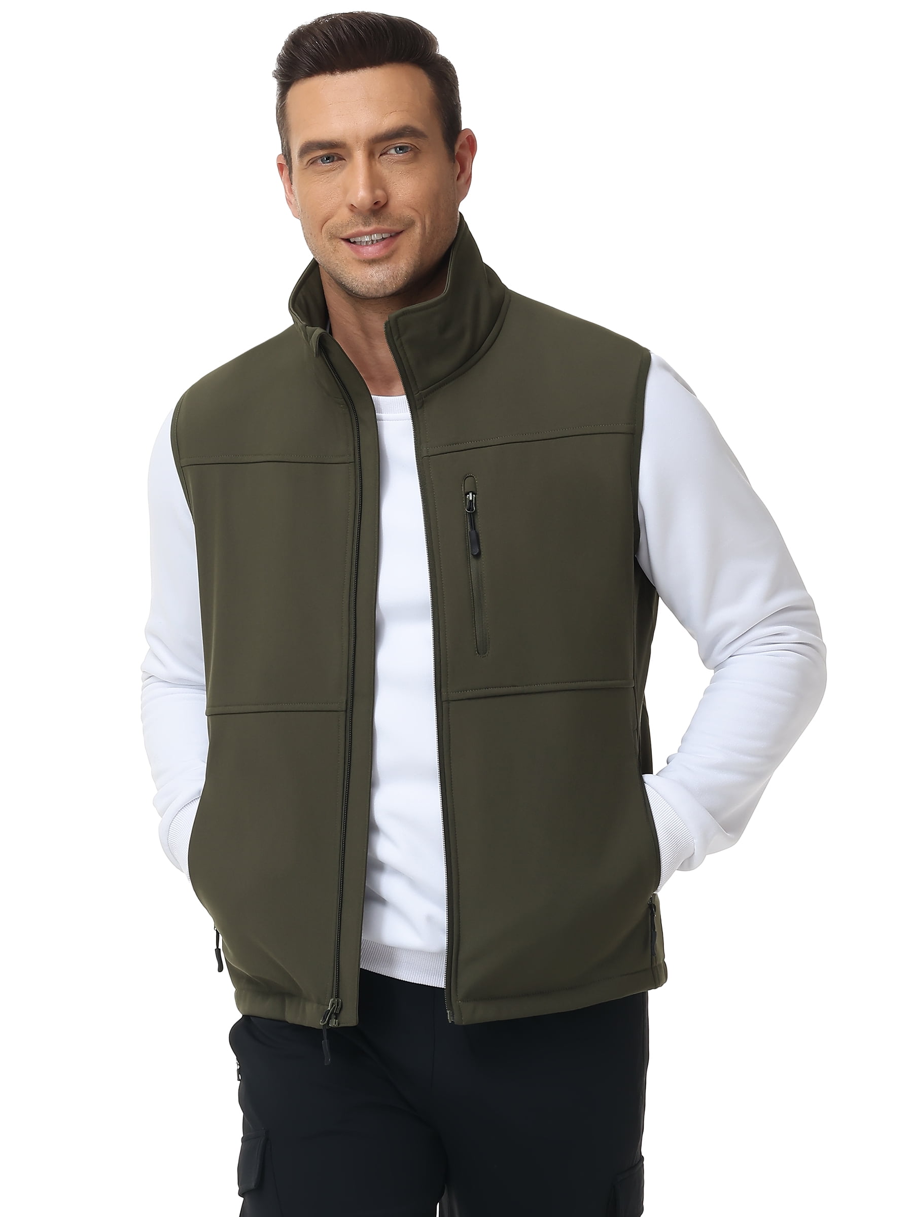 Satankud Mens Lightweight Softshell Vest Windproof Sleeveless Outerwear Zip Up Jacket Fleece Lined Waterproof Vest Outerwear for Running Hiking Travel Army-L