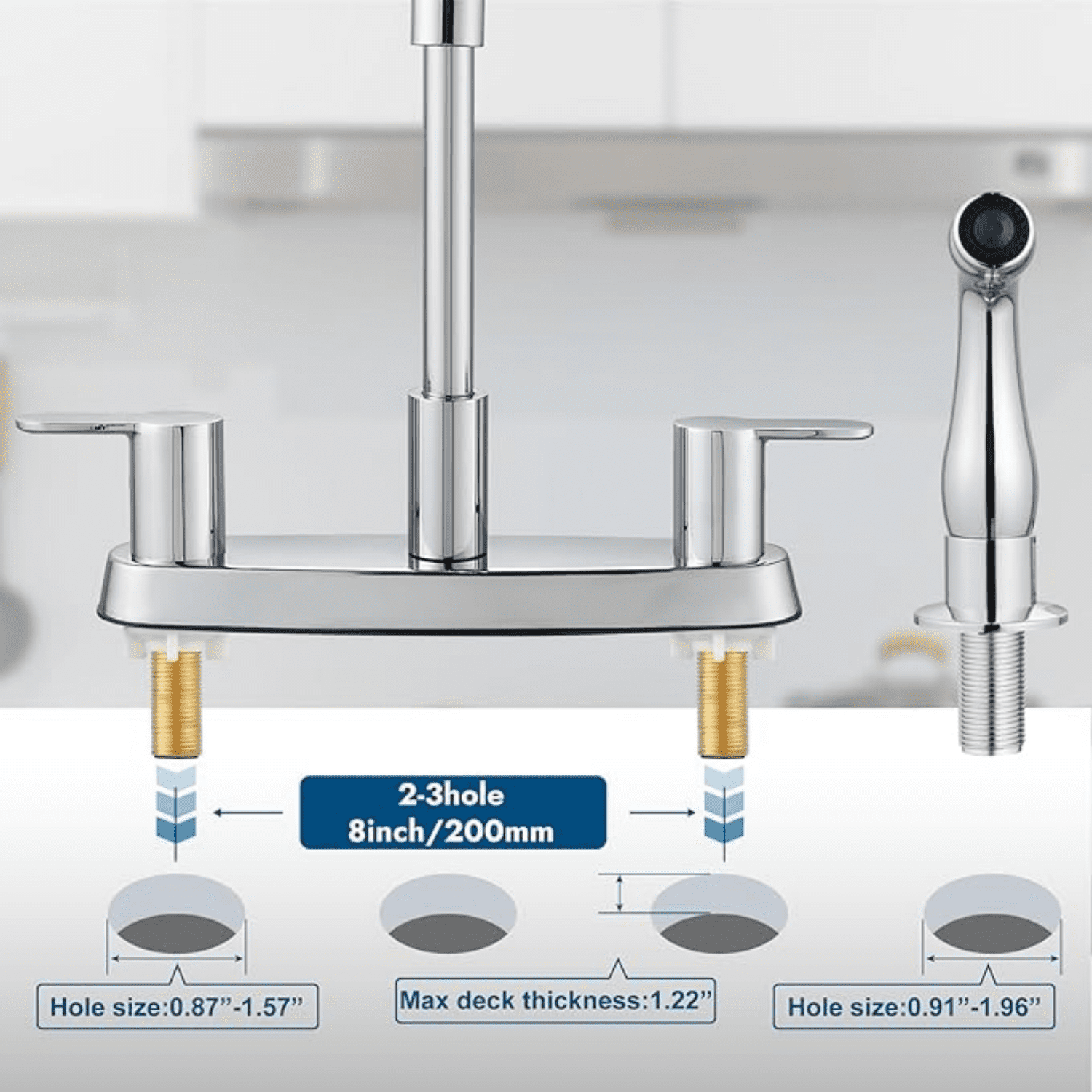 8 Inch Centerset Kitchen Faucet for Sink 3 Hole Dual Handle Kitchen Sink Faucets High Arc 360 Degree Rotating Spout with Supply Lines, Polished Chrome, with Side Sprayer