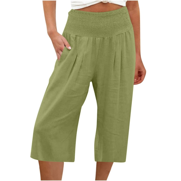 ylioge Women's Solid Color Capri Pants Pockets Straight Spring Loose Fit  High Waist Capris Linen Going Out Comfy Trousers Pantalones 
