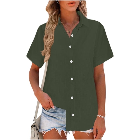 Fewfanhot Womens Fashion Linen Button Down Shirts Short Sleeve Blouse Business Casual Tops Dressy Summer Outfits