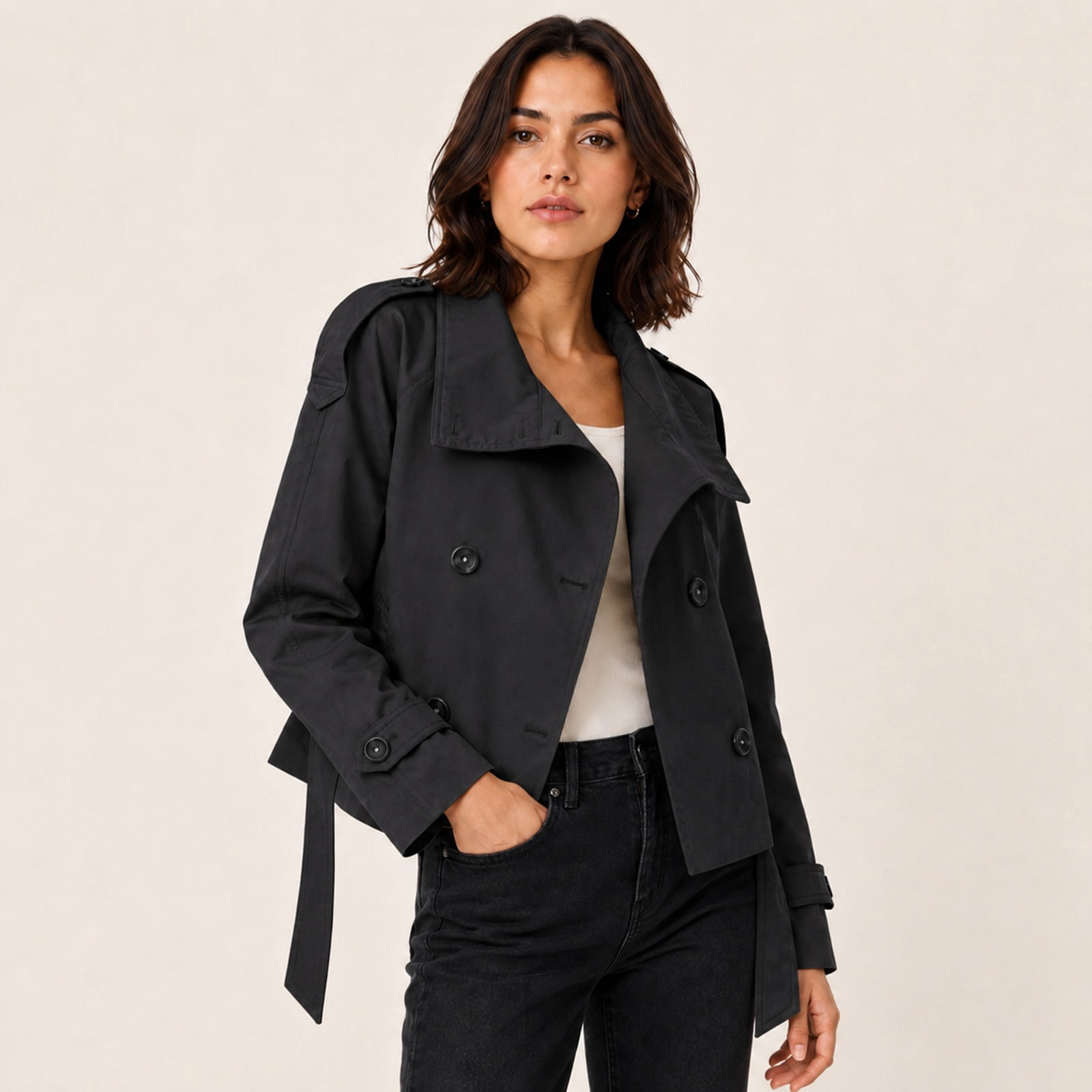 Wrongduck Women's Cropped Trench Coat Double Breasted Jacket with Belt, High Collar Lightweight Wrinkle Resistant Short Coat for Spring Fall