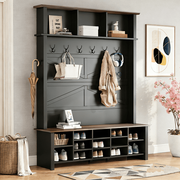 Farmhouse 4-in-1 Hall Tree with 6 Hooks - Walnut Entryway Bench with Shelves, Wooden Style Rustic Shoe Organizer with 16 Open Compartments for Mudroom, Living Room, Entryway