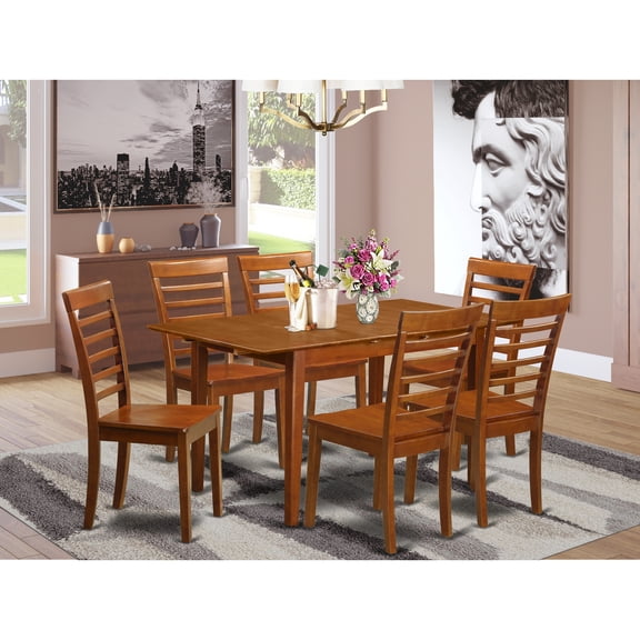 East West Furniture Picasso 7-piece Dining Set with Wood Chairs in Saddle Brown