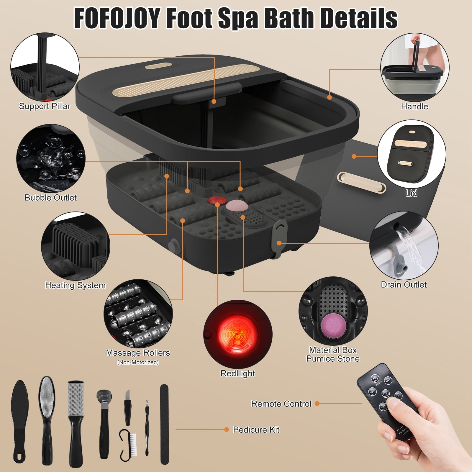 Collapsible Foot Spa Bath with Heat and Massage Rollers,Bubbles, Temperature Control, Remote Control, Pedicure Kit