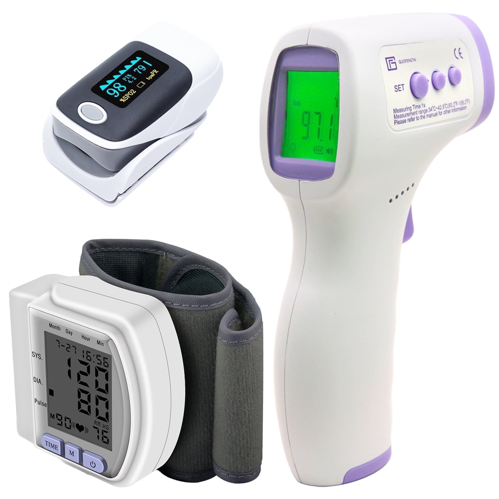 GENKENT Health Monitor Kit with Wrist BP Monitor, Touchless Digital Infrared Forehead Thermometer and Pulse Oximeter for Sport Hiking/Running/Riding/Climbling/Yoga, Gift Choice for Parents