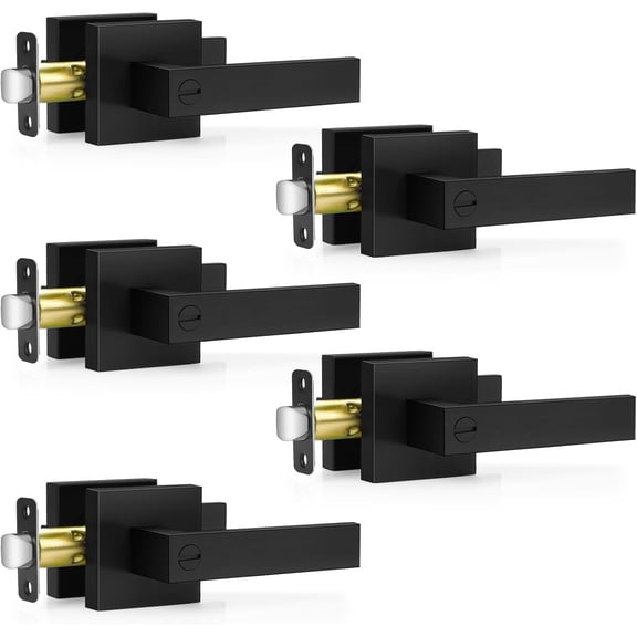 5 Pack Matte Black Door Handles, Keyless Interior Door Knobs, Privacy Door Lever Locksets for Bedroom Bathroom, Heavy Duty Square Door Lock (2.0lb), Reversible for Left&Right Handled Doors