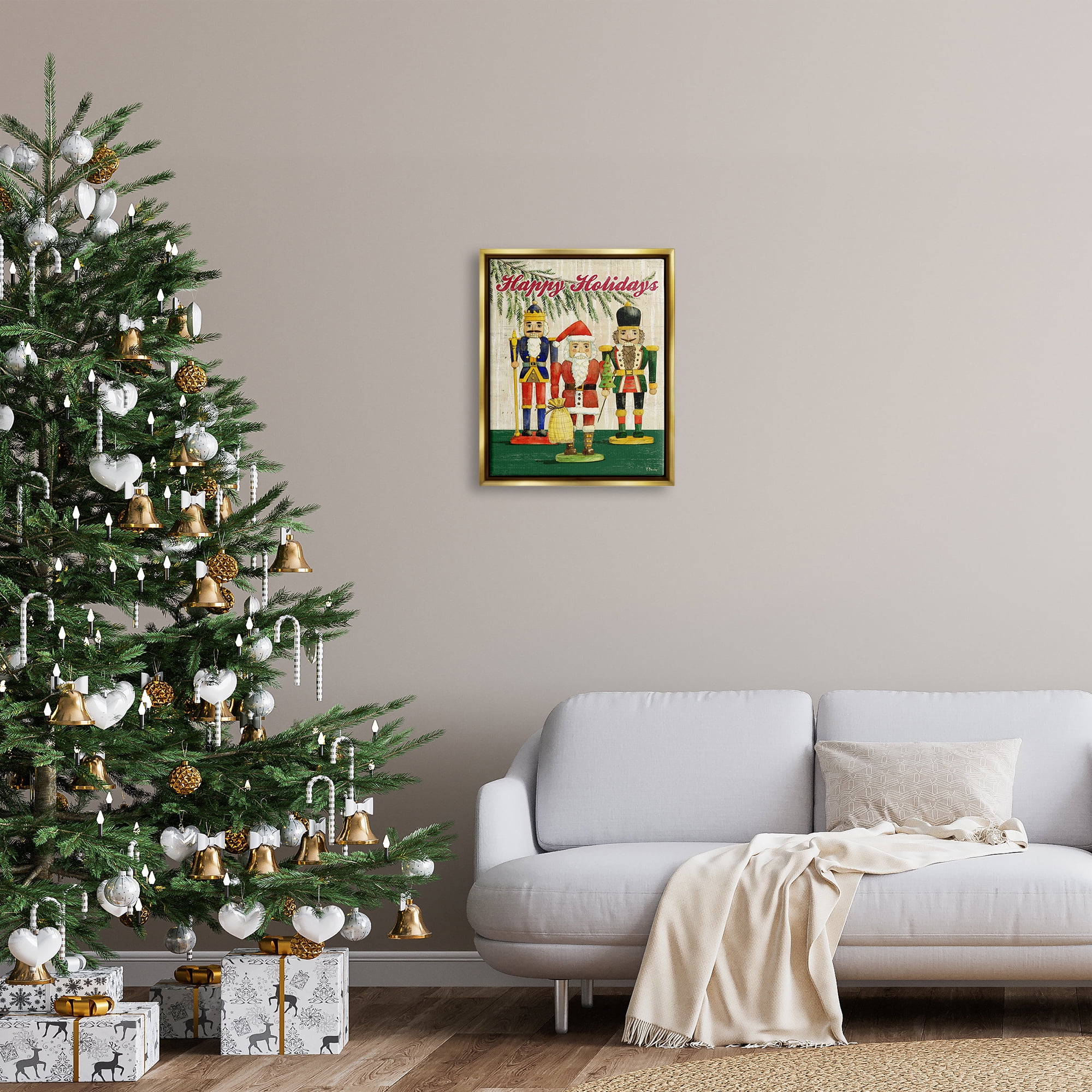 Stupell Industries Happy Holidays Nutcrackers Holiday Painting Gold Floater Framed Art Print Wall Art, 17 x 21