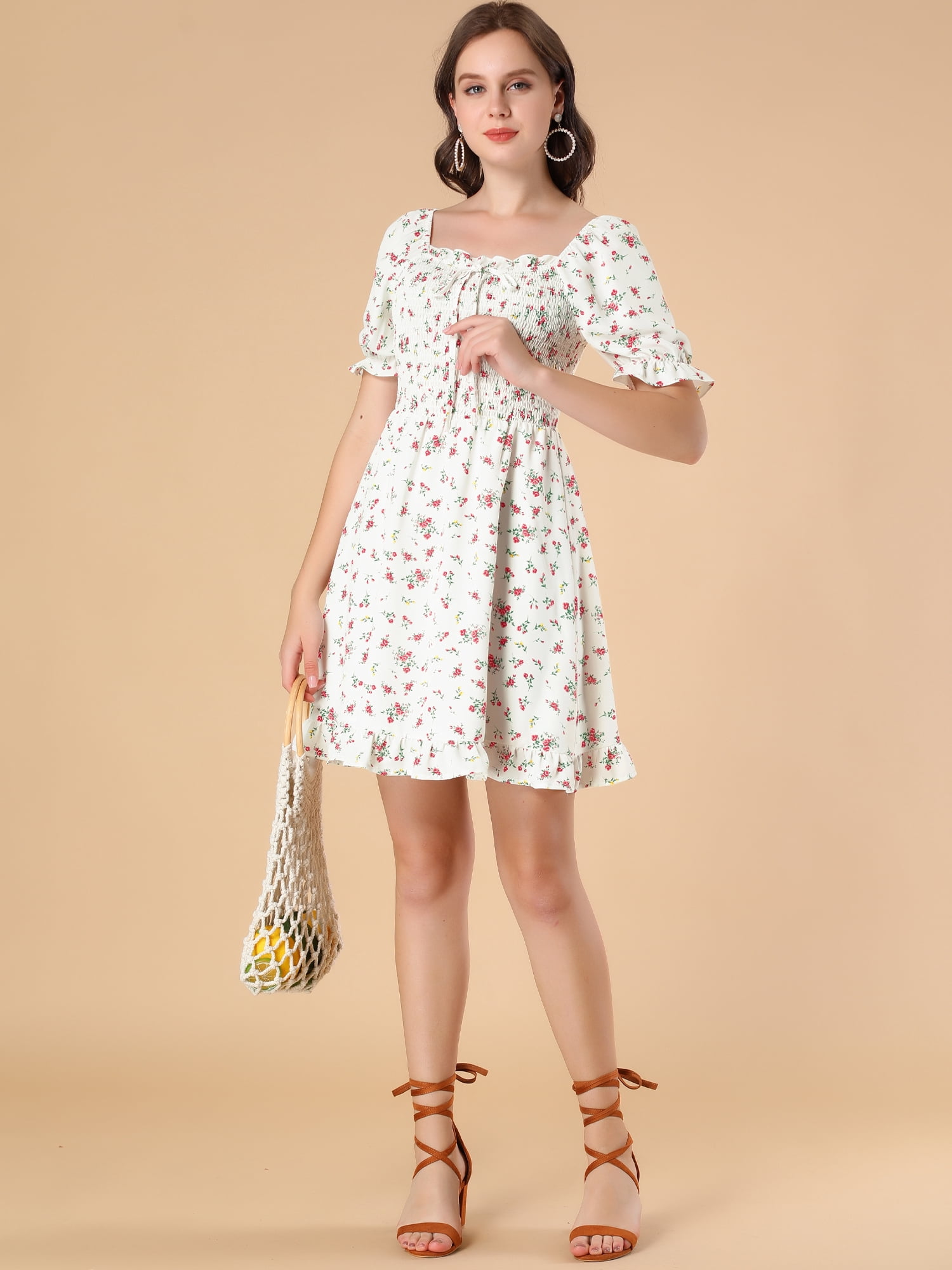 DARING DIVA Puff Sleeve Back Smocked Sweetheart Neck Ruffled Hem Dress XL White