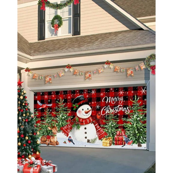 Garage Door Banner Cover 7 x 16 ft, Red Christmas Buffalo Plaid Snowman Xmas Tree Bird Elk Pattern Christmas Garage Door Decorations Holiday Christmas Backdrop Decor for Winter New Year Xmas Party