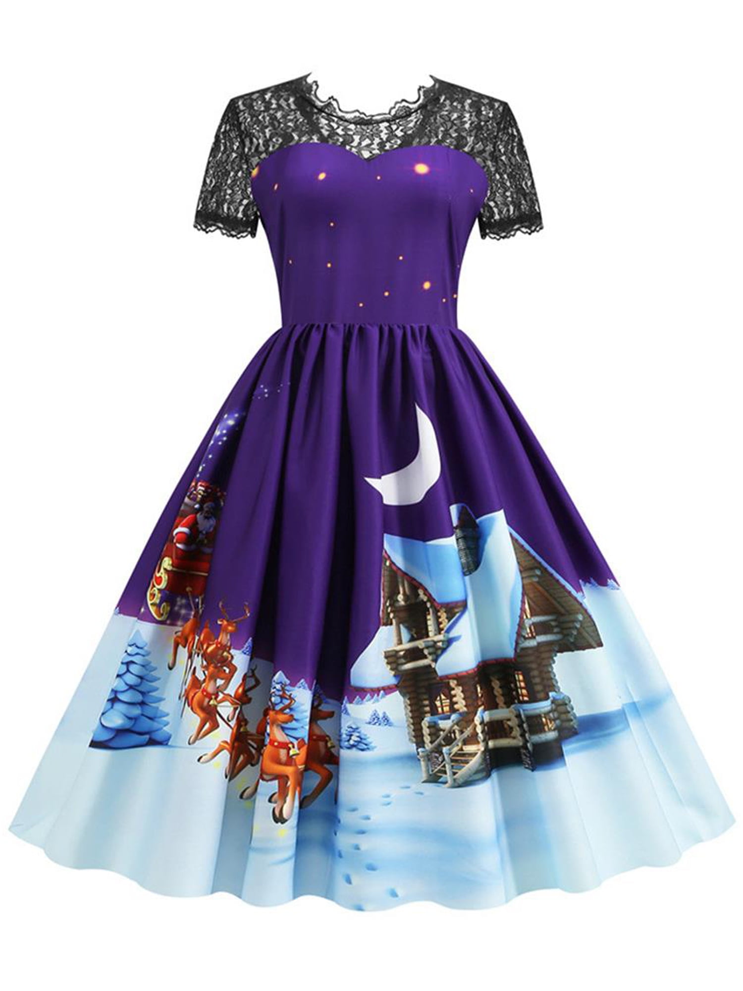 Christmas Dress for Women 50s Vintage Short Sleeve Lace Retro Cocktail A Line Xmas Printed Swing Hepburn Party Dress Christmas Dress for Women 50s Vintage Short Sleeve Lace Retro Cocktail A Line Xmas Printed Swing Hepburn Party Dress