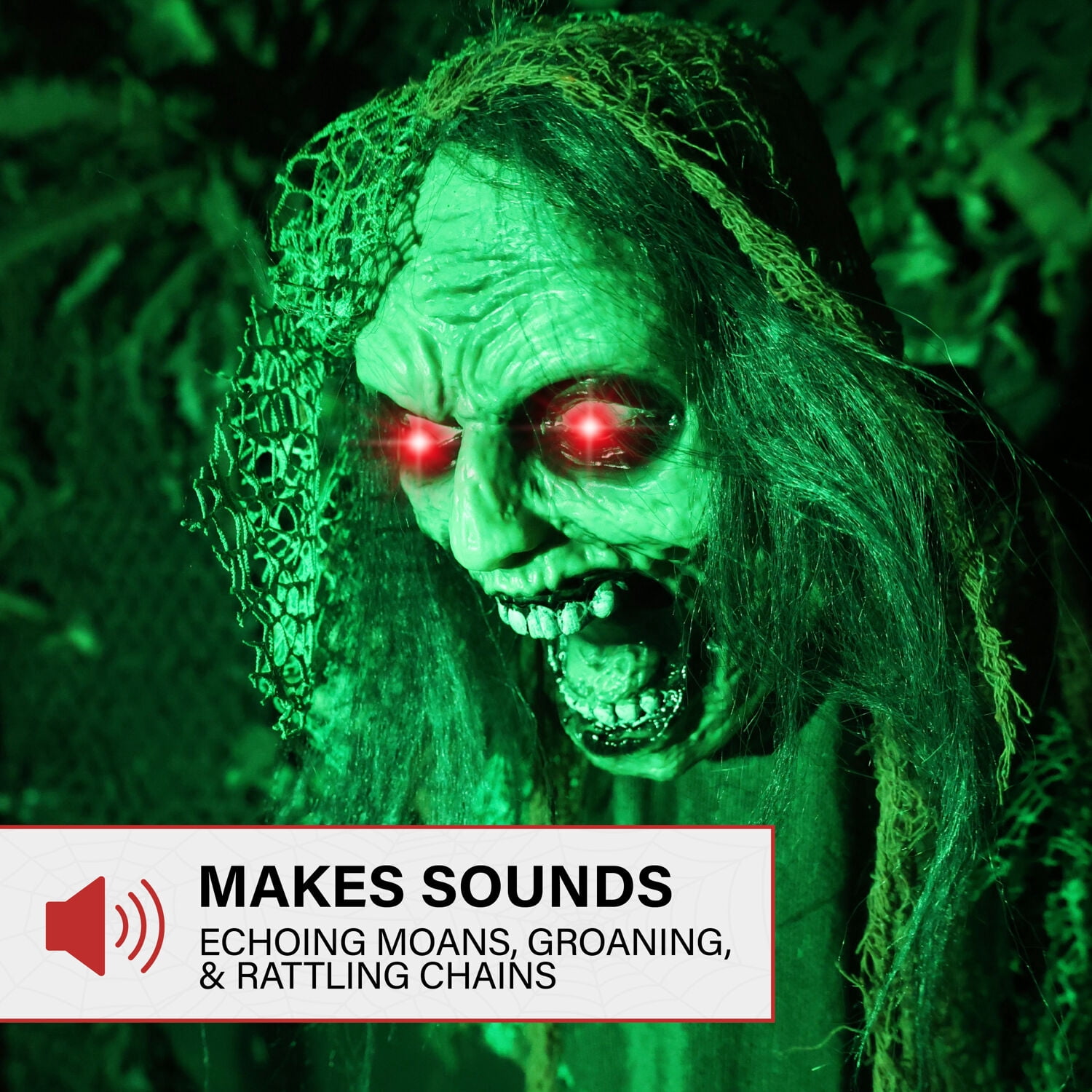 Haunted Hill Farm 5.5 ft Lifesize Animatronic Zombie with Chains with Lights and Sound, Indoor/Covered Outdoor Halloween Decoration, HHZOMB-9FLSA