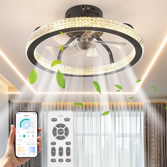 TCFUNDY 18" RGB LED Ceiling Fan Light Kit w/ Bluetooth Speaker, Low Profile Ceiling Fan Light, Semi Flush Mount Fandelier, APP & Remote Control, Black