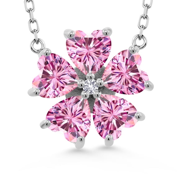 Gem Stone King 925 Sterling Silver Pink Moissanite and White Created Sapphire Pendant Necklace for Women (4.04 Cttw, Heart Shape 6MM, with 18 inch Chain)