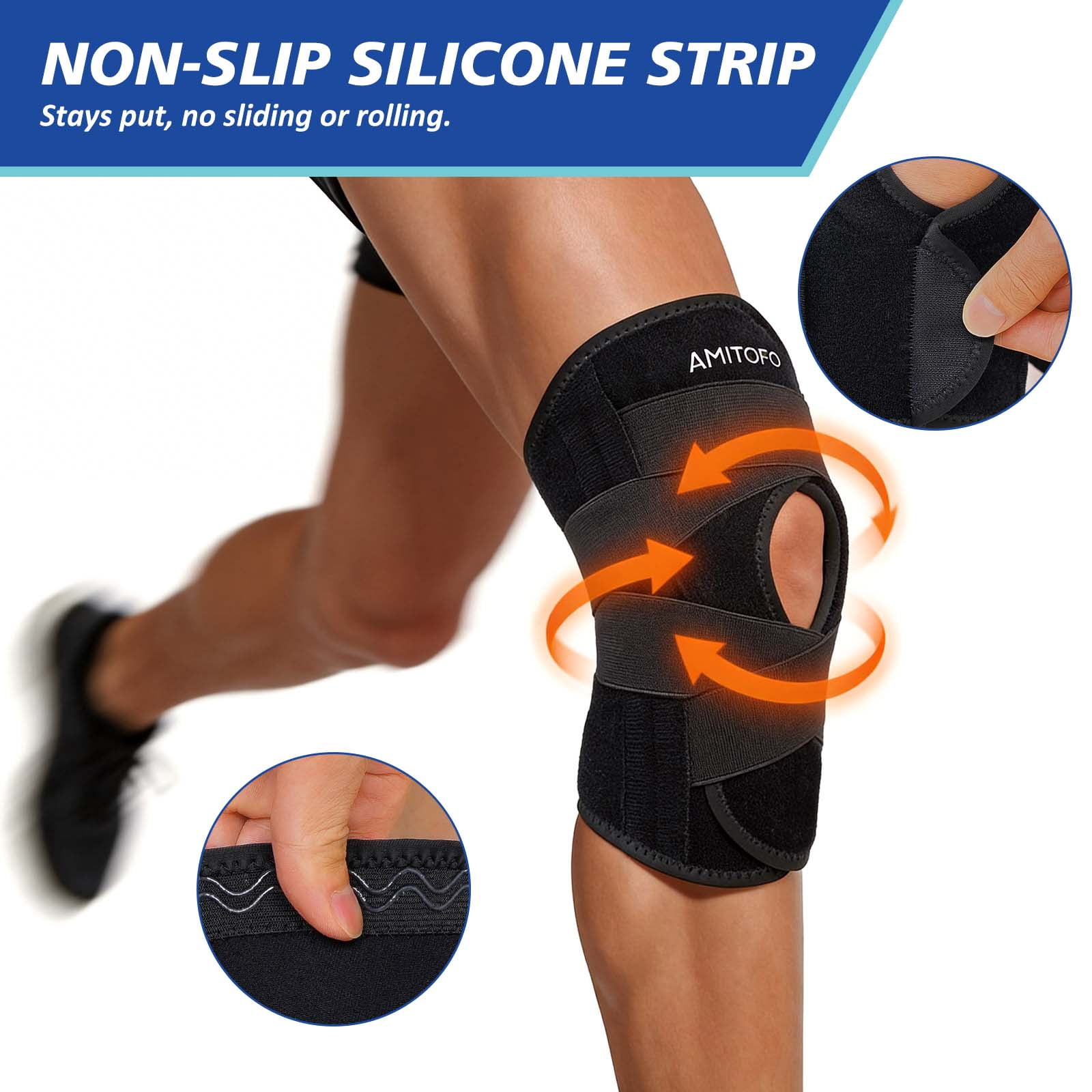 Knee Brace with Side Stabilizers for Women & Men, UNEEI Adjustable Knee Sleeves and Supports with Silicone Anti-Slip Strips for Meniscus Tear, Arthritis and Joint Pain, L