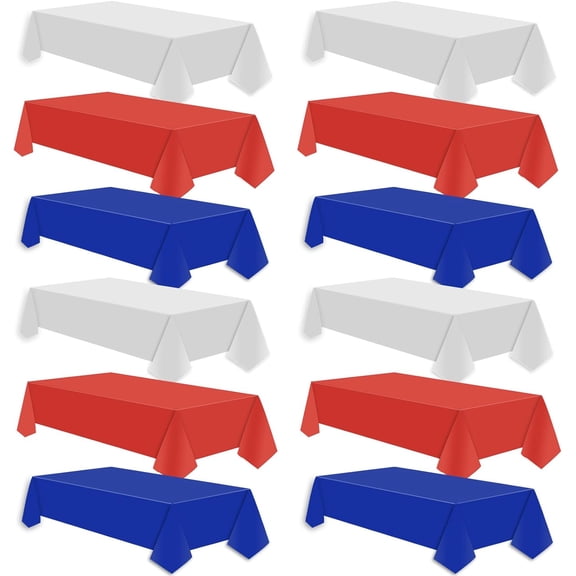 12 Pcs Plastic Tablecloths, Disposable Rectangle Red White Blue 54 x 108 Inch Waterproof Table Covers for 4th of July Patriotic Independence Memorial Veterans Day Party Decorations