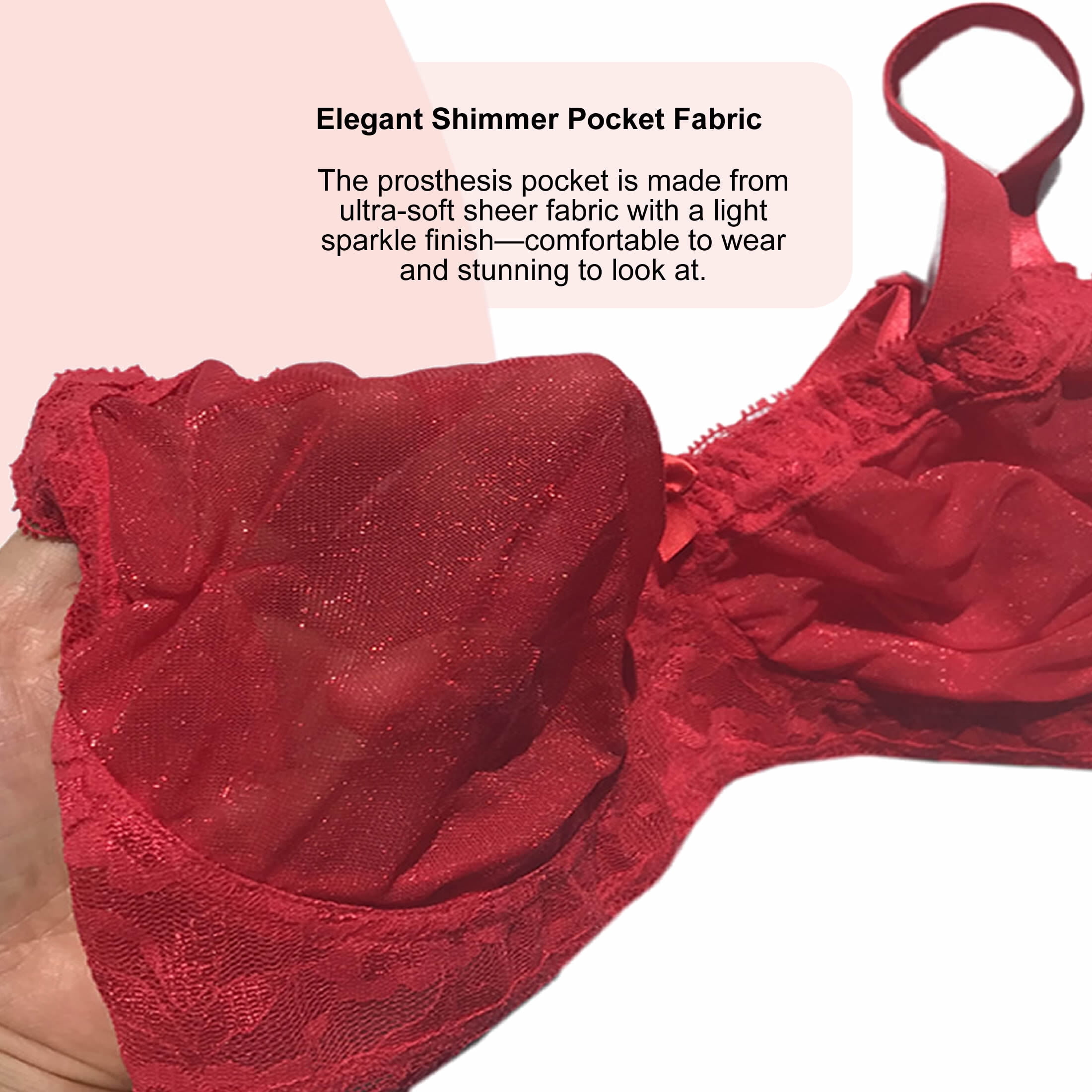 BIMEI Women’s Pocketed Mastectomy Bra with Lace | Sheer Pocket Bra for Breast Forms | Post-Surgery Prosthesis Bra | Wire-Free Support, Silicone Breast Form Holder,Red,46A