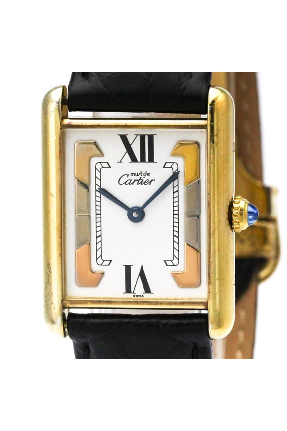 Pre-Owned CARTIER Must Tank Vermeil Gold Plated Leater Quartz Mens Watch 590005