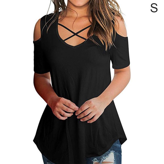 Blusa suelta de manga corta con camiseta sexy para niña con hombros descubiertos, vendaje negro, S Methold AP001291-06