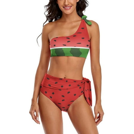Watermelon Background with Seed One Shoulder Bowknot Swimsuit Two Piece Swimsuit Knot Crop Top Bikini High Waisted Bathing Suit