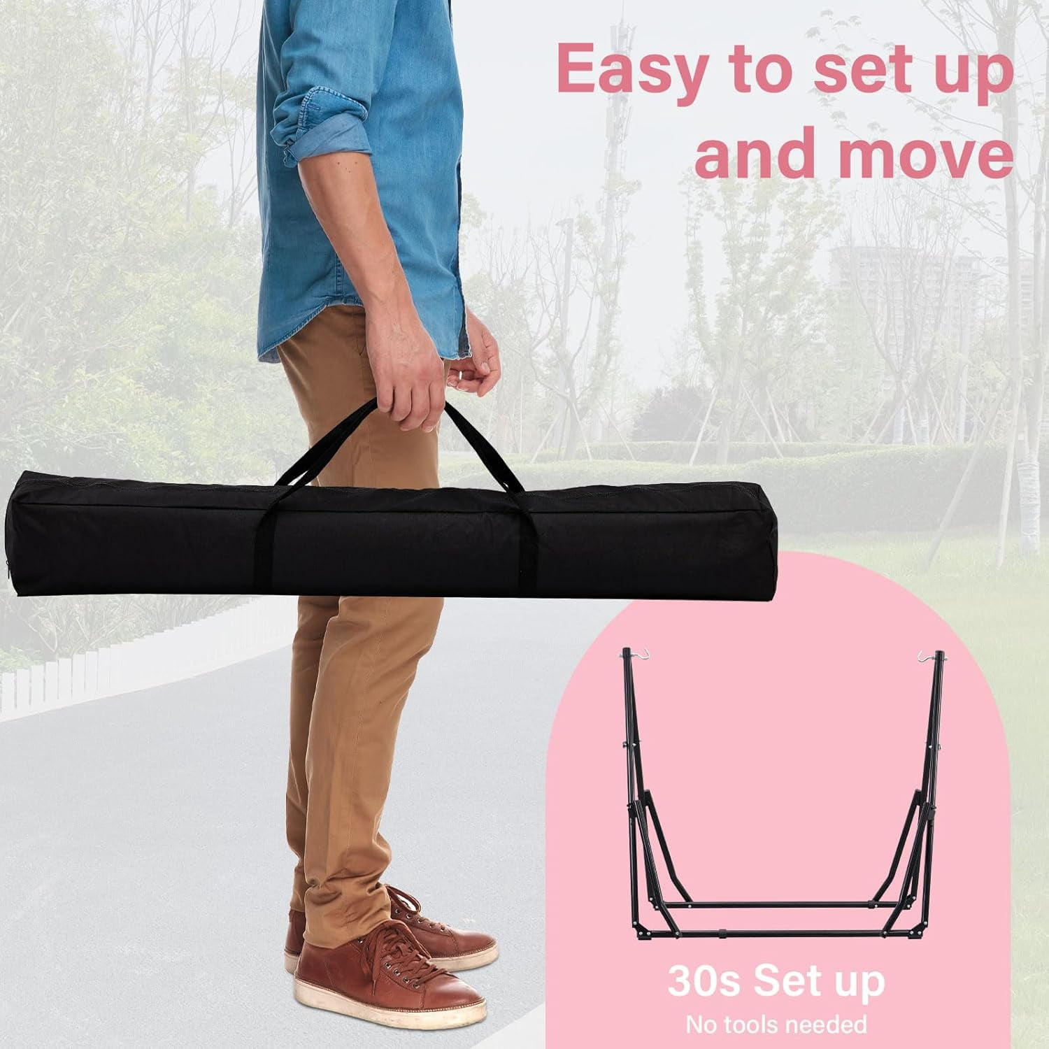 2 in 1 Hammock with Stand, Outdoor Hammock Swing Chair with Portable Heavy Duty Stand, Multi-Functional Hammock Stand 480 lbs Weight Capacit-Pink