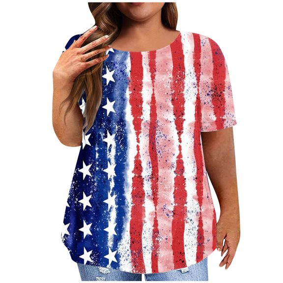 Levmjia Women's Plus Size T-Shirt, Patriotic American Flag Fireworks Print Short Sleeve Crewneck Top, Casual USA Summer Independence Day Graphic Tee for Ladies