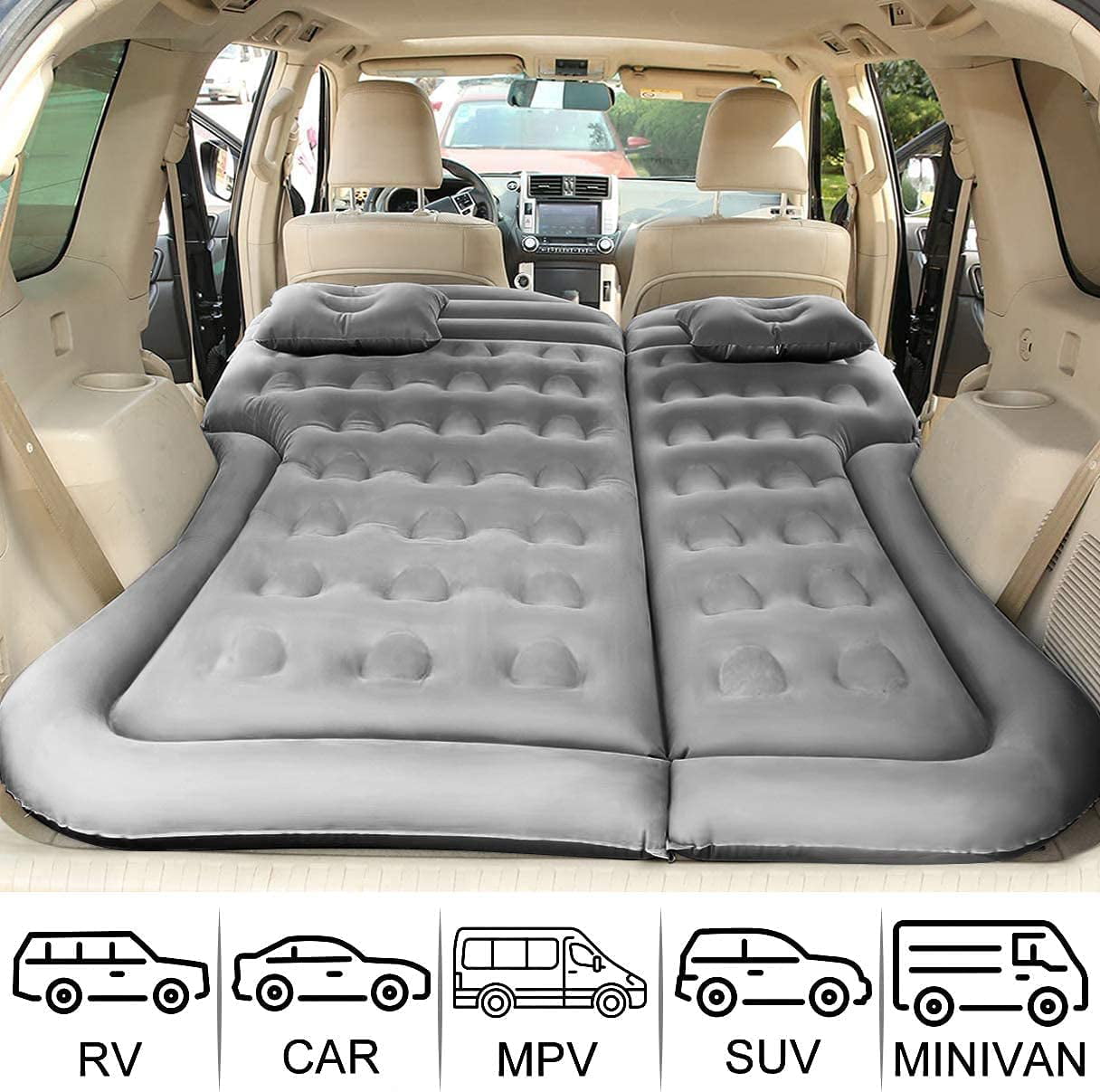 Inflatable Air Mattress Portable Car Back Seat Bed Travel Inflatable Sleeping Pad with Air Pillow and Electric Pump for SUV Grey Car and MPV Camping 