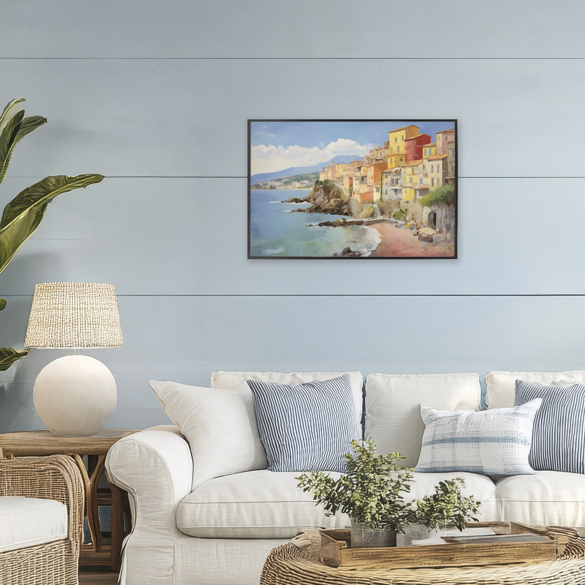 Stupell Industries Colorful Coastal Town by Sea Black Framed Giclee Art, design by Creative Studio