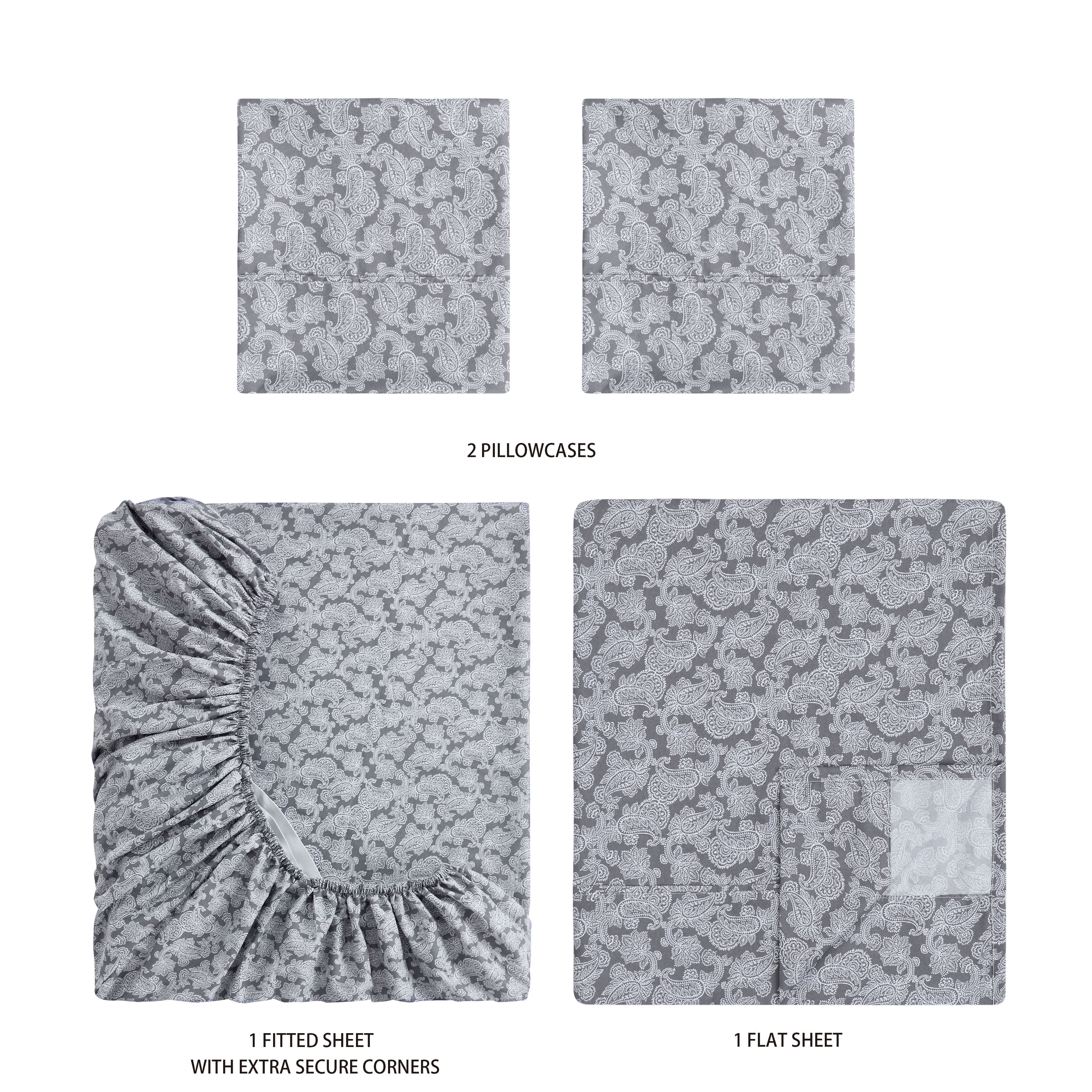 Mainstays Super Soft Brushed Microfiber Bed Sheet Set, Grey Hayden Paisley Print, Full, 4 Piece