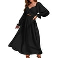 thumbnail image 2 of hirigin Women Tie Back Long Puff Sleeve Dress Shirred Ruffle V Neck Midi Dress Reversible High Waist A Line Dress (Black, L), 2 of 5