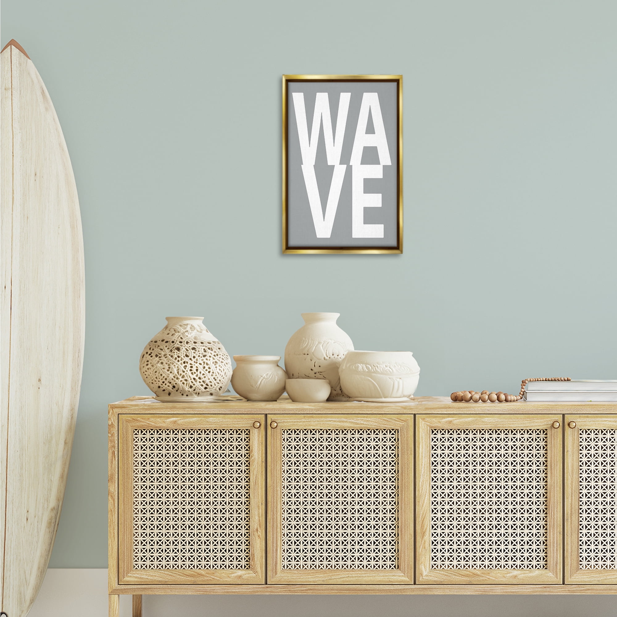 Stupell Industries Wave Word on Grey Typography Painting Gold Floater Framed Art Print Wall Art, 17 x 25